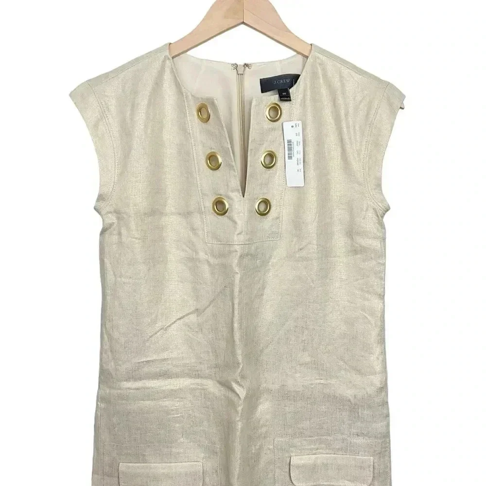 J. Crew Gold Foil Linen Dress Size 00 Grommets Cap Sleeve